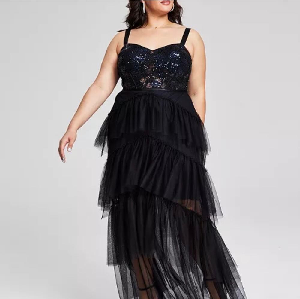 NWT City Studio Plus 16W Black Sequin Corset Tiered Tulle Gown $169